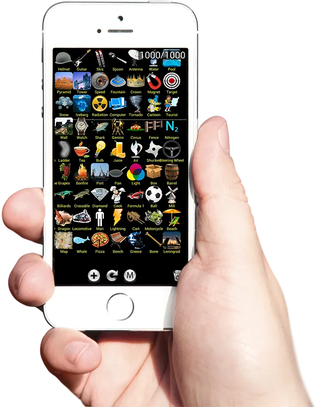 Alchemy 1000 gameplay shown on a phone, with a grid of discovered elements
